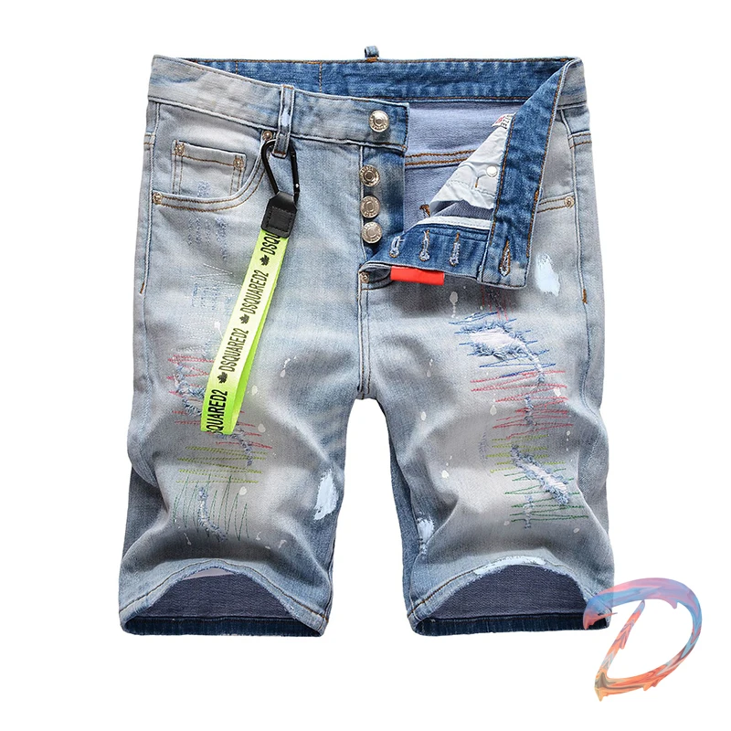 

DSQ Short Jeans Light Color Splash Ink Ripped Hip Hop dsq Denim Shorts