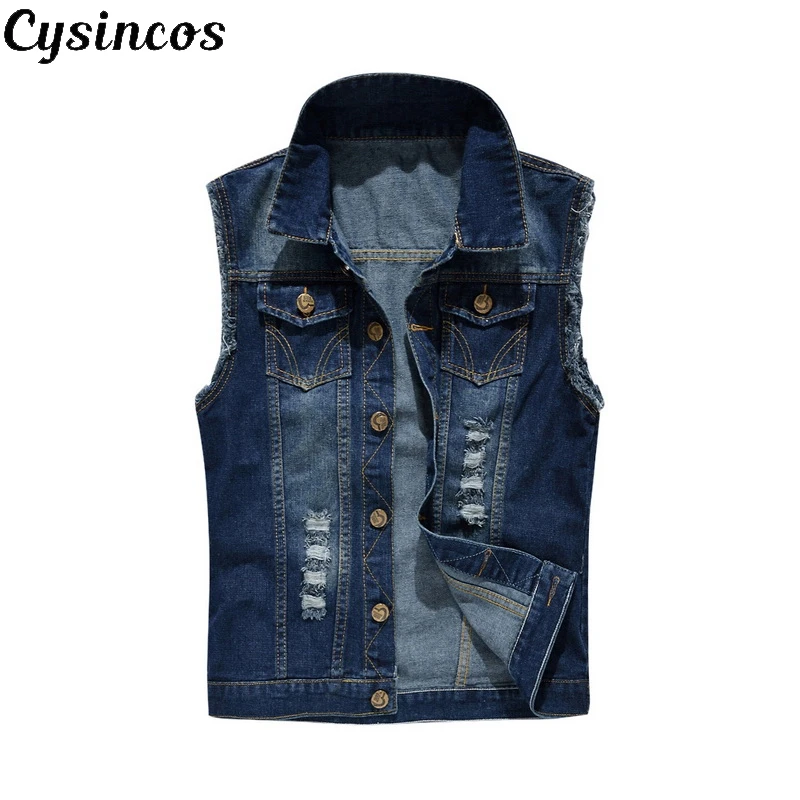 Мужской джинсовый жилет CYSINCOS темно синий без рукавов в ковбойском стиле большие