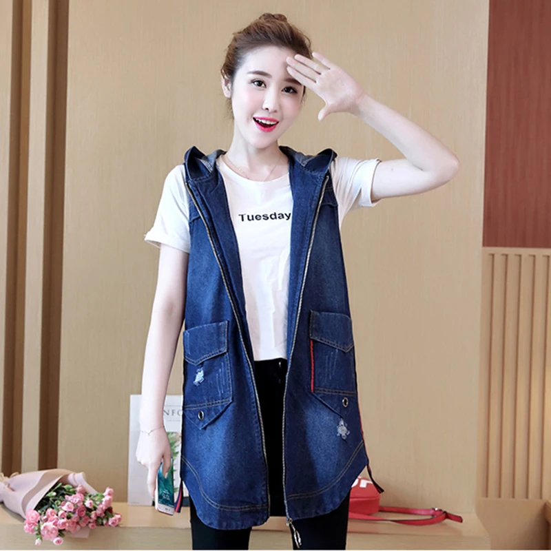 Женский джинсовый жилет с дырками Повседневная джинсовая куртка без рукавов