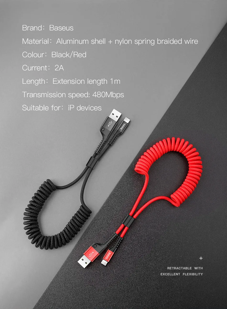 Baseus весна выдвижной usb зарядный кабель для iPhone xs max xr 8 7 6s plus 5 11 ipad зарядное устройство для apple lightning Кабель автомобильный 1 м