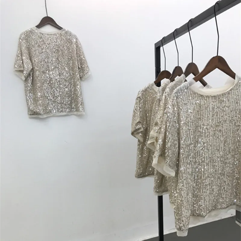 

Beige Sequined Short Sleeve O Neck Back Split Casual T-shirt Women Female Summer New B403