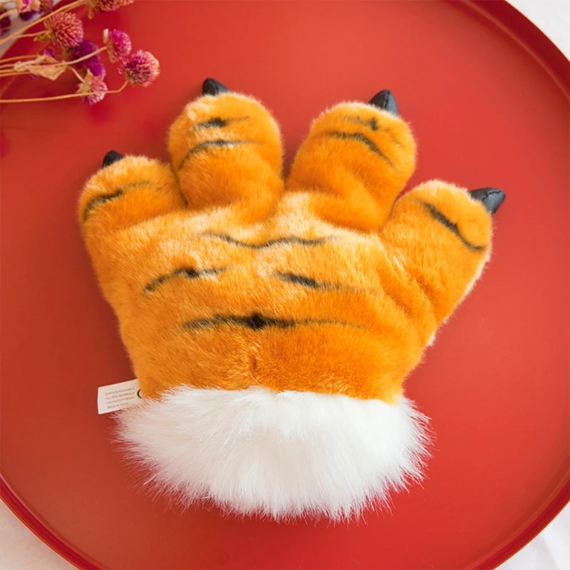 

Adult Kids Simulation Tiger Paw Plush Gloves Striped Fluffy Animal Stuffed Toys Padded Hand Warmer Halloween Cosplay Costume Fin