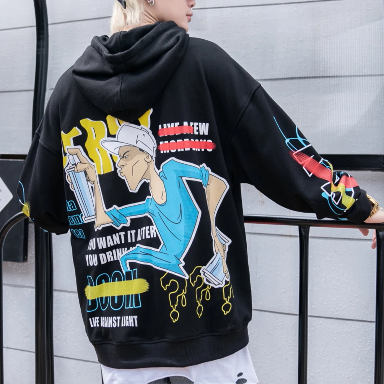 Худи в стиле Харадзюку с изображением граффити рубашка цветными блоками уличная