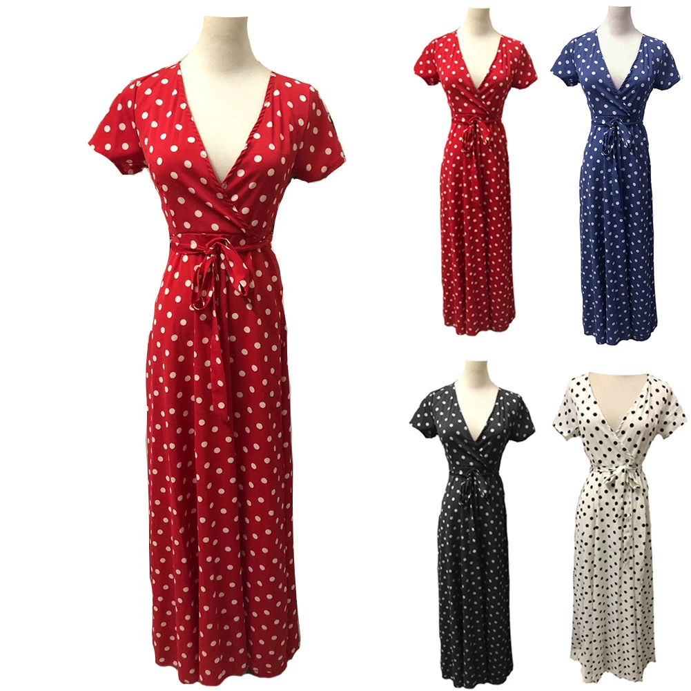 

Women Holiday Short Sleeve Fabala Maxi Deep V-neck Summer Ladies Polka Dot