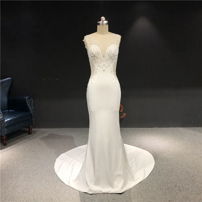 

Newest High Quality 100%Real Sample Ivory Satin V-neck Sleeveless Mermaid Heavy Beadings Floor Length With Train Wedding Dress