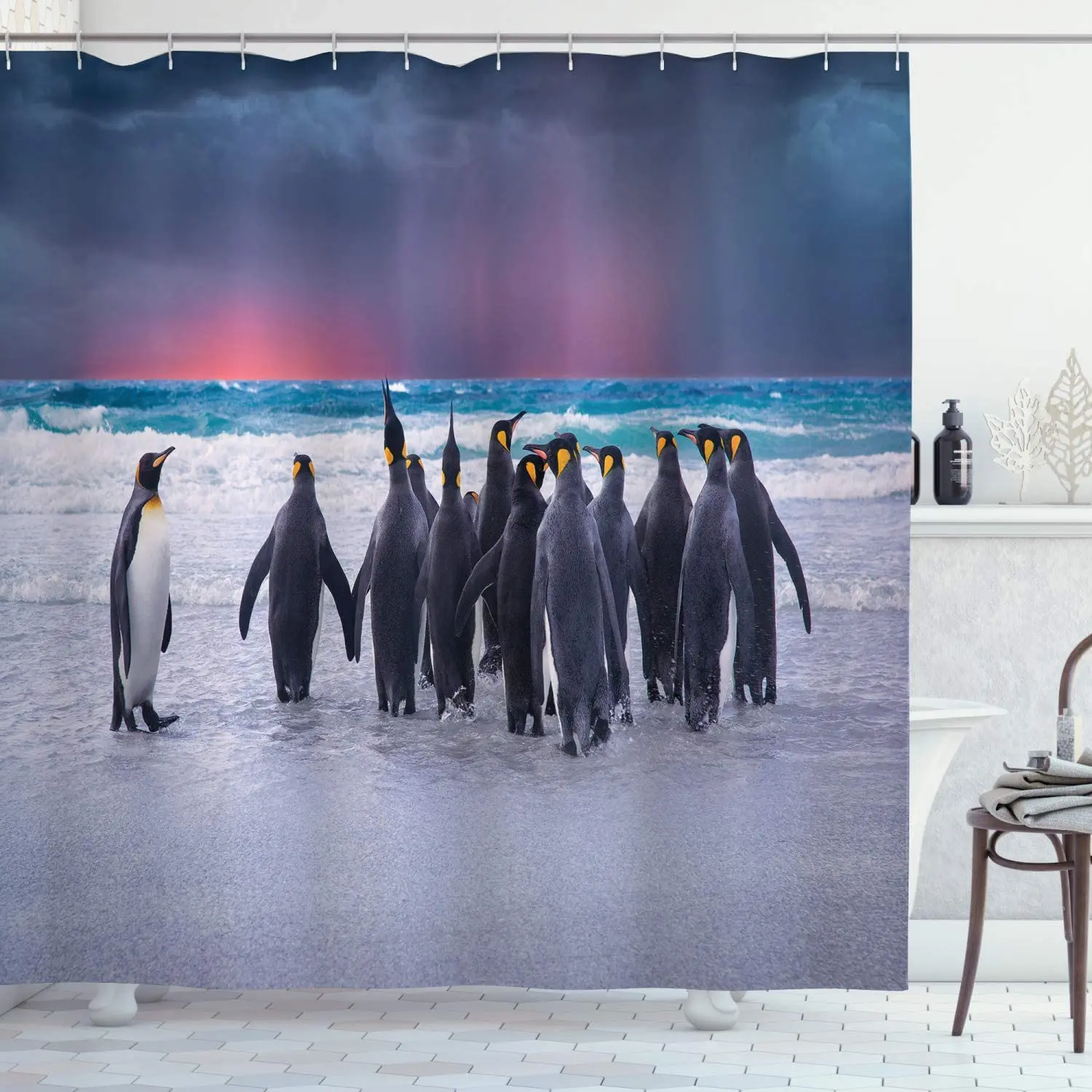 Подводная душевая занавеска Кинг Пингвины на берегу стоячая береговая линия