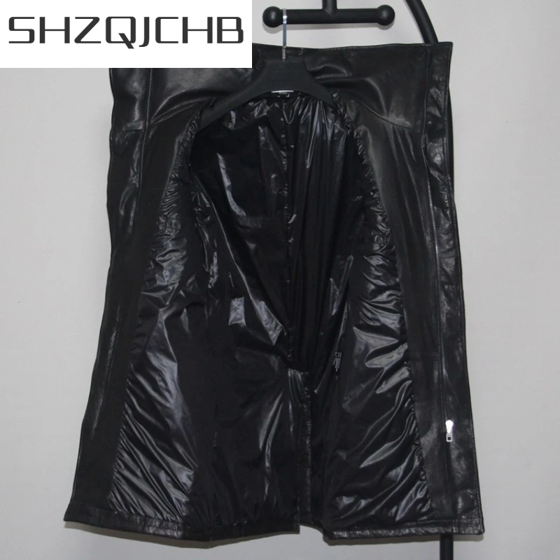 

JCHB 2021 Winter Mens Warm White Duck Down Jacket Long Overcoat Thick Sheespkin Genuine Leather Jacket Harajuku Bikers Coat Plus