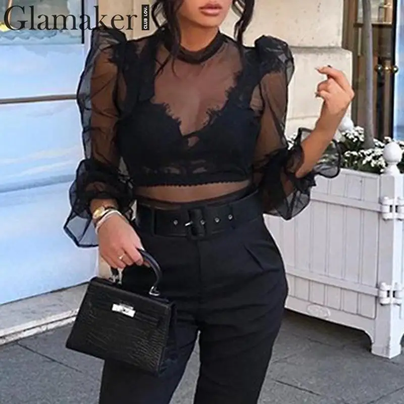Glamaker, сексуальная, прозрачная, короткая, белая блузка, топы, для женщин, с длинным рукавом-фонариком, блузка, рубашка, весна-лето, элегантные, вечерние, черная рубашка