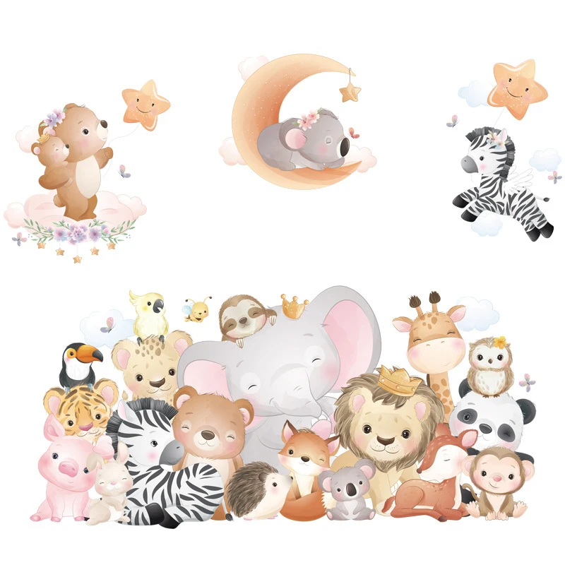 Cartoon animal children room decoration stickers bedroom sofa background wall paper lion elephant stickers star wall stickers