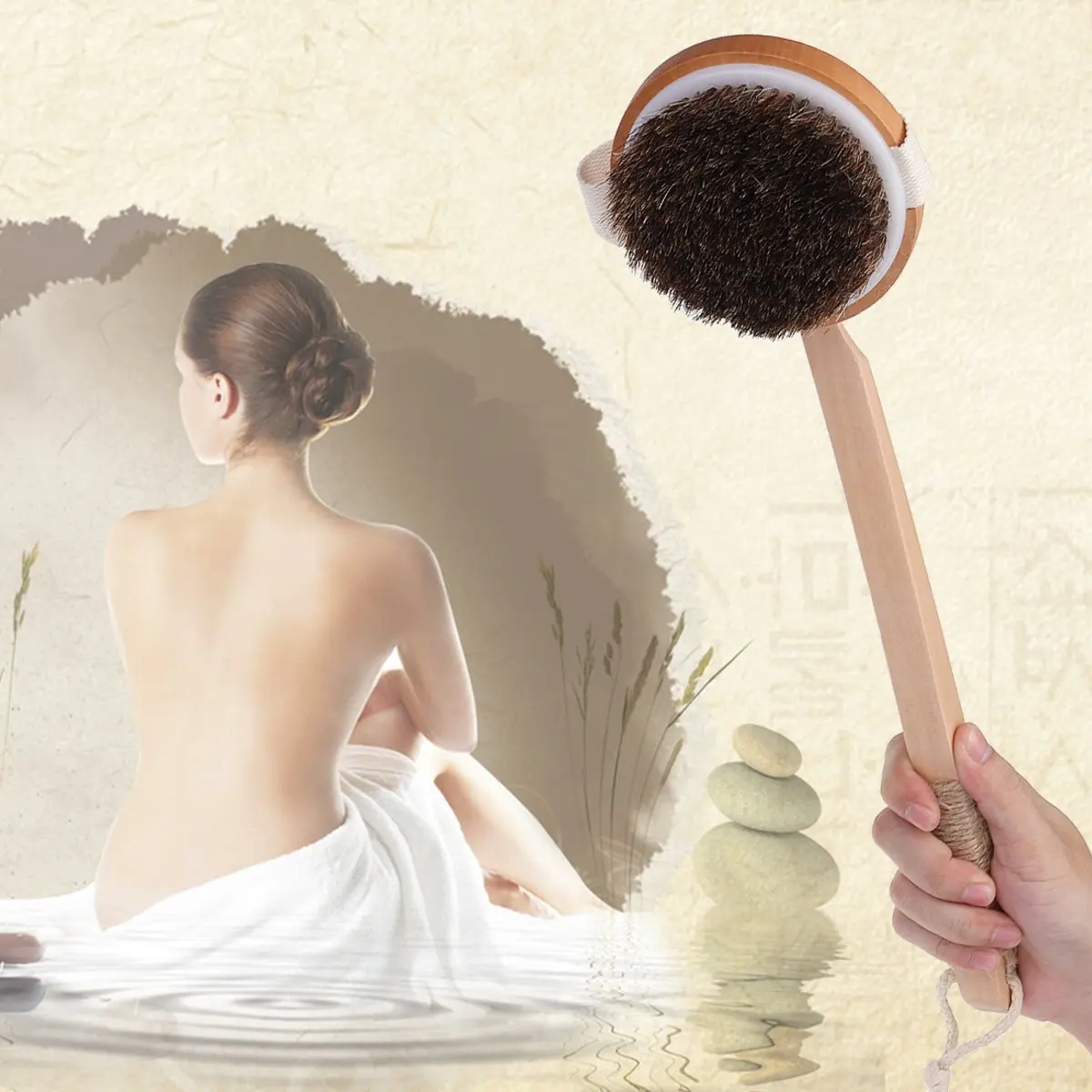 

Bath Body Brush Back Scrubber with Anti-slip Long Wooden Handle for Exfoliating Detox Cellulite Blood Circulation Back Brush