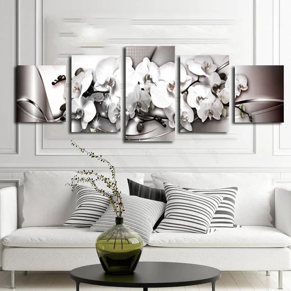 

Modern style canvas material decoration painting gray background with white stamens and silver iron pattern background poster