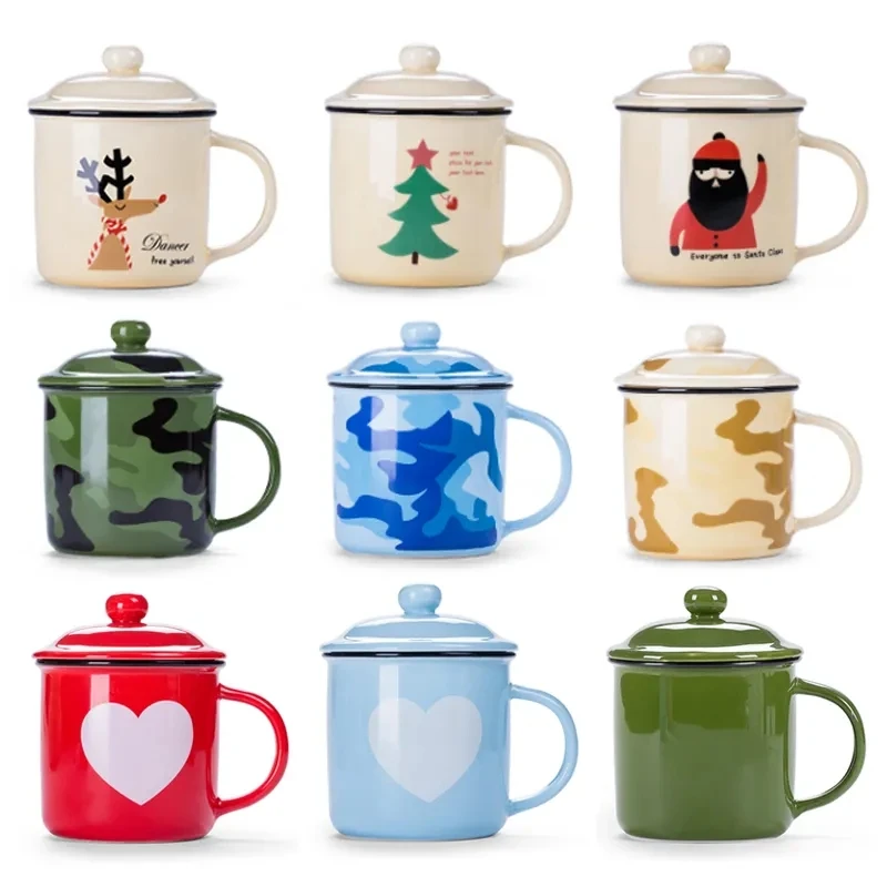 

Snowman Deer Print Enamel Coffee Mugs With cover Christmas Gifts Party Wine Beer Juice Drink Tea Cups Mug Home Kitchen Drinkware