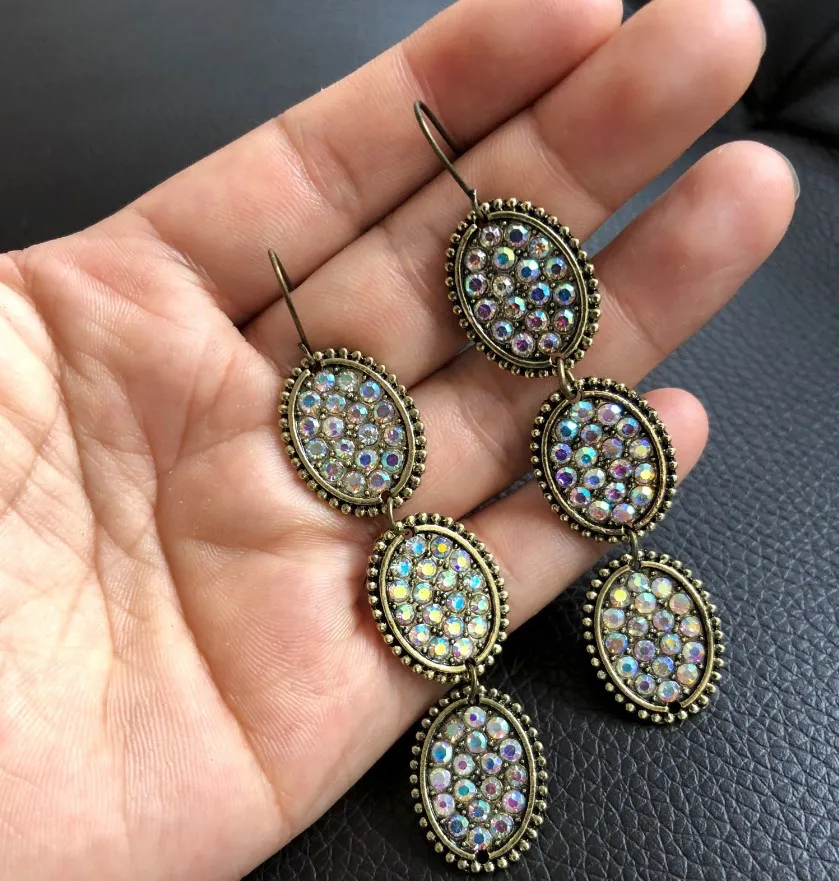 

Vintage Female Rainbow Zircon Drop Earrings Charm Long Wedding Earrings Luxury Bride Crystal Oval Dangle Earrings For Women
