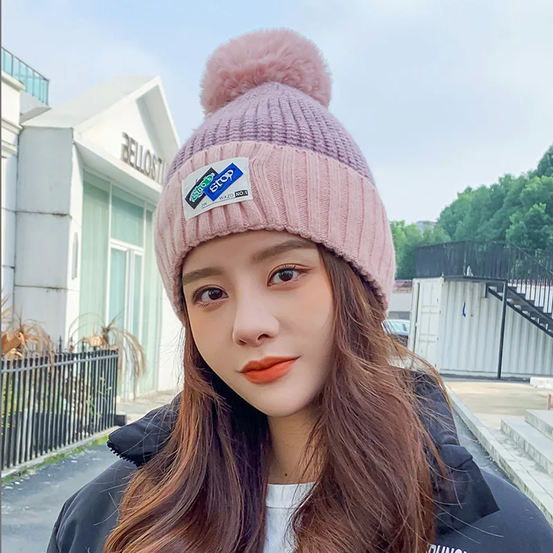 

Women Skullies & Beanies Winter Lable Knitting Yarn Hat Fashion Plus Velvet Keep Warm Thick Hairball Earmuffs Cap
