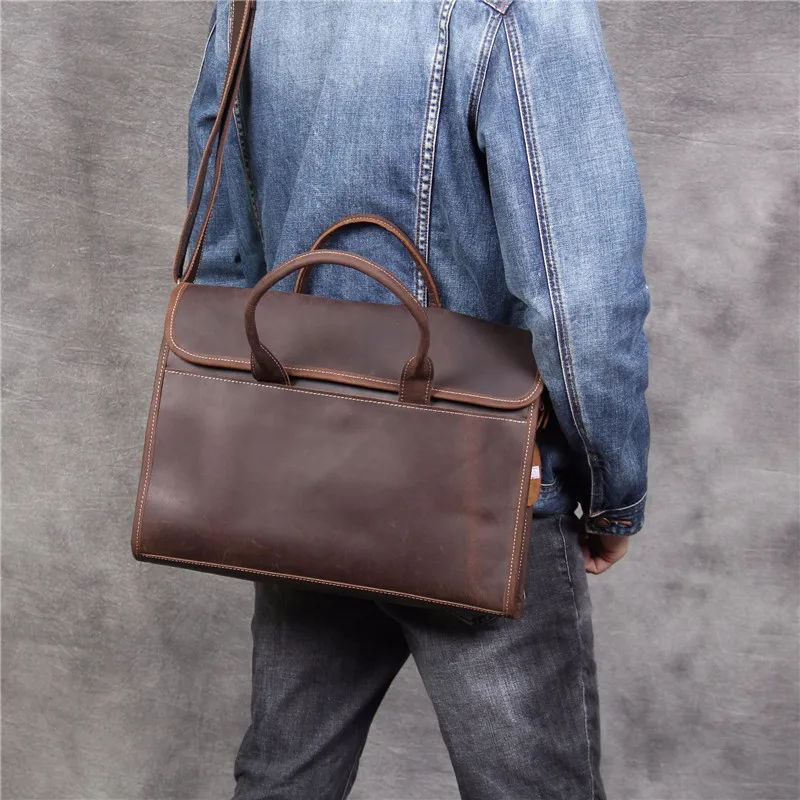 PNDME designer handmade genuine leather men's briefcase simple retro luxury crazy horse cowhide business computer bag handbags