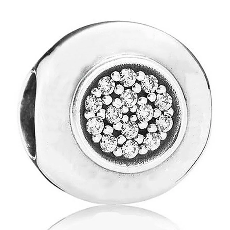 

Original 925 Sterling Silver Charm Logo button Shape Bead With Crystal Fit Pandora Bracelet DIY Jewelry