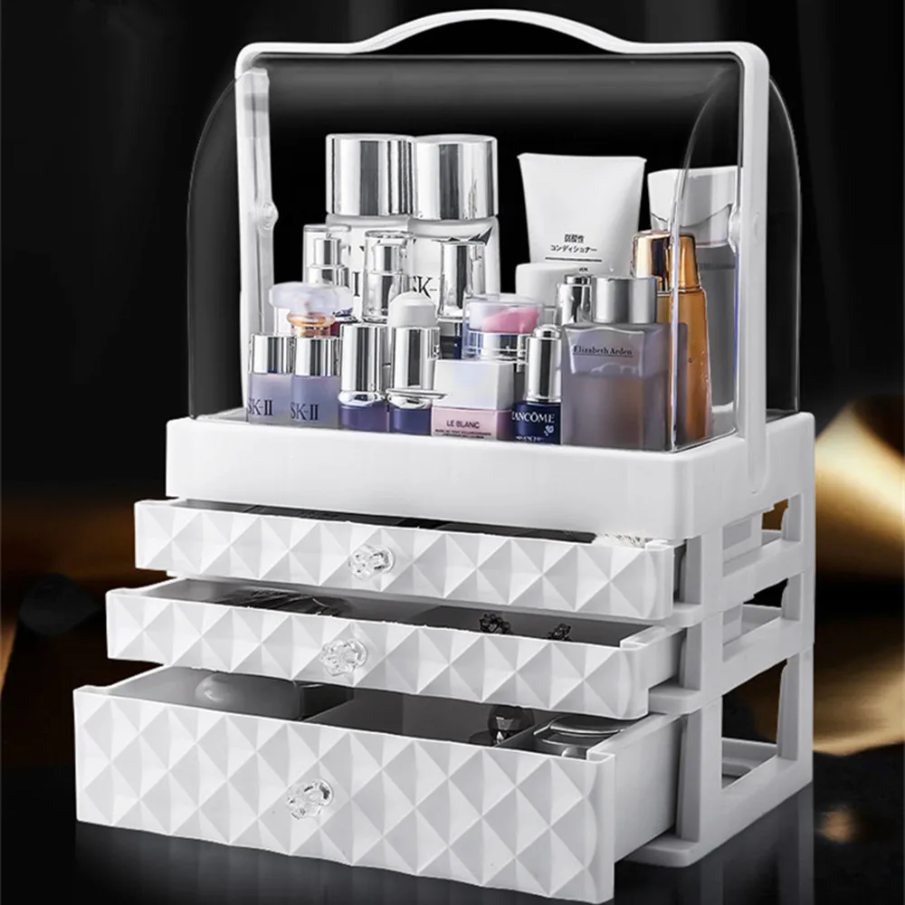 Dustproof waterproof cosmetic storage box home makeup bag portable desktop make up suitcase multi drawer separate travel handbag