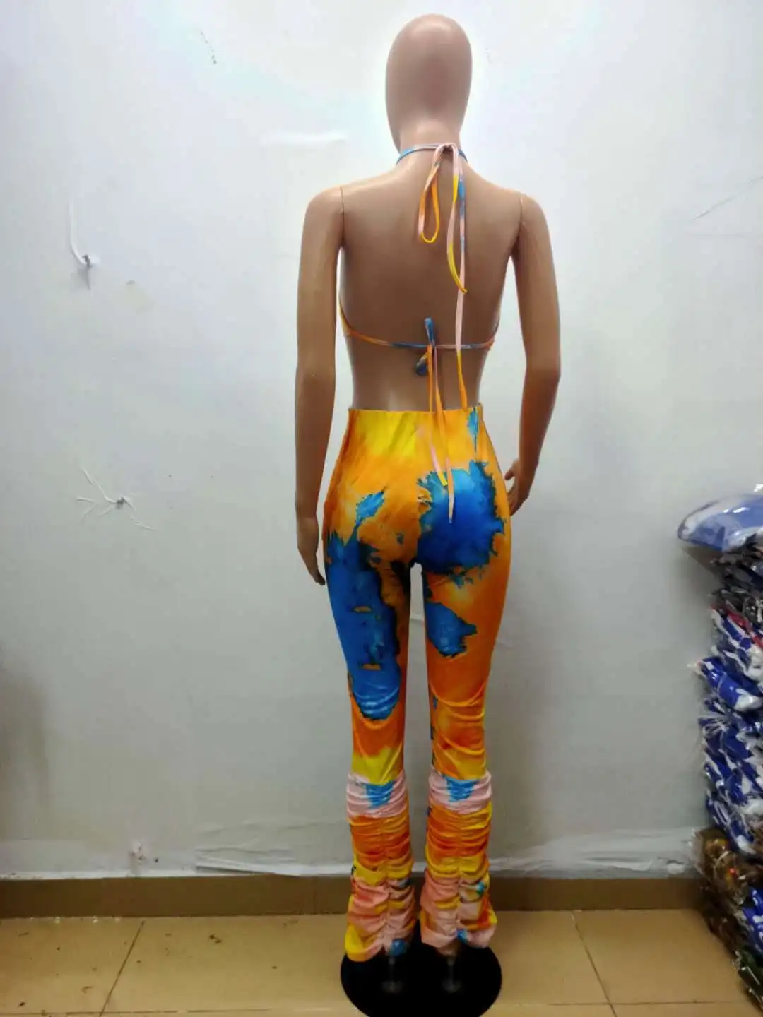 

2020 Women Sexy Backless Tie-Dye Casual Set Sleeveless Crop Tops+ Long Pants Two Pieces Set Casual Skinny Nightclub Tracksuit