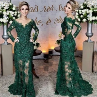 weilinsha mother of the bride dresses long illusion sleeve vintage dark green lace appliques mermaid formal gowns for wedding