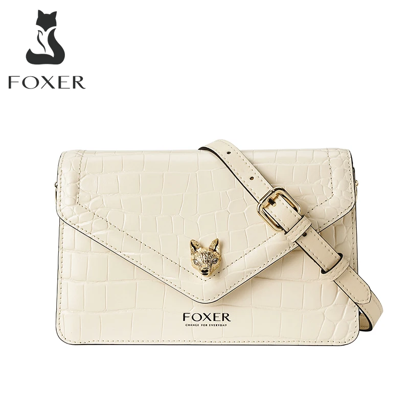 Женская сумка Кроссбоди FOXER синяя мини из спилка с откидным клапаном эффектом