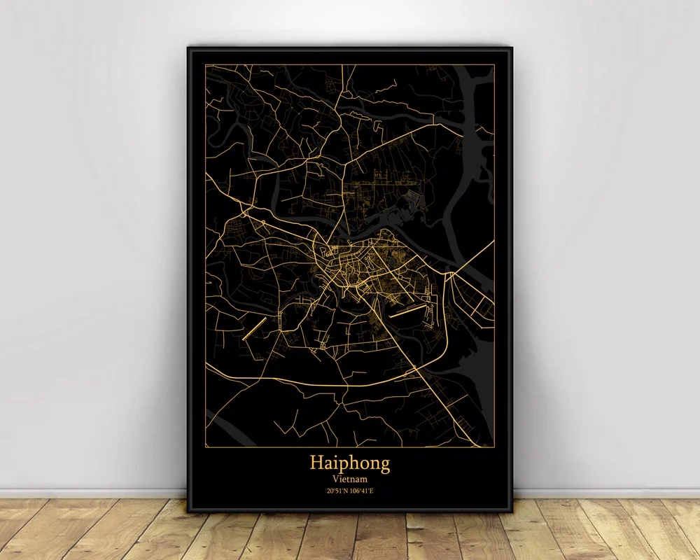 ХайФон Вьетнам черный и золотой город светильник Карты изготовленный на заказ