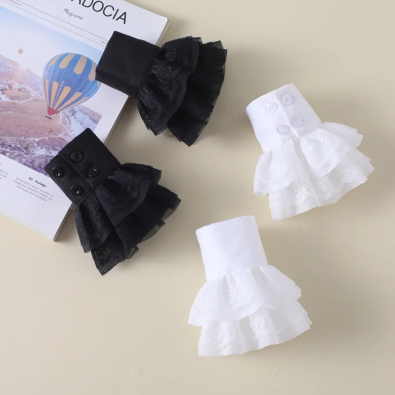 

1 Pair Women Chiffon Double Layers Fake Sleeves Lace Floral Pleated Ruffled False Cuffs Female Wrist Warmers Decorative
