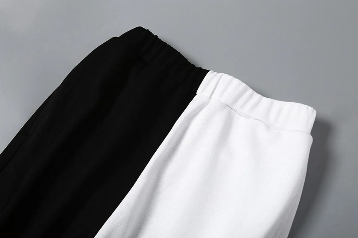 Женские брюки с высокой талией черные белые лоскутные эластичная резинка на