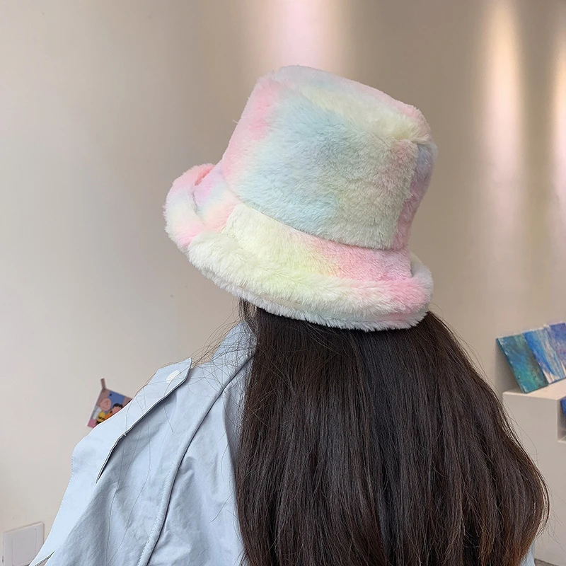 

New Fisherman Hat Winter Fashion Versatile Warm Rainbow Color Imitation Rabbit Hair Sweet Girl Basin Hat 2020 Fxfurs Fashion Fur
