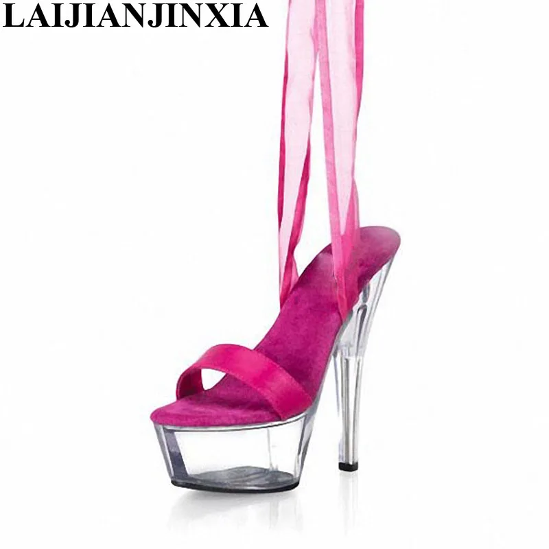 New Lady 17cm High Heels Nightclub Sexy Ribbon Sandals Clear Platform Shoes Dancing Shoes Open Toe Pole Dance Shoes