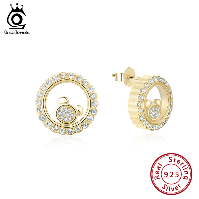 

ORSA JEWELS 14mm Real 925 Sterling Silver Stud Earrings with Movable Bear Charms Clear CZ Glass 2 Sides Cute Jewelry Gift EQE29