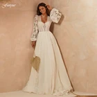 Женское шифоновое свадебное платье, кружевное ТРАПЕЦИЕВИДНОЕ ПЛАТЬЕ в стиле бохо, с длинным рукавом, для невесты, халат цвета слоновой кости