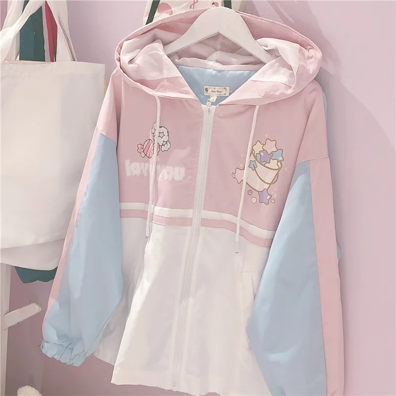 Розовый Harajuku Mori/Свободная куртка на молнии с мультяшным принтом в стиле пэчворк для девочек; мягкая осенняя куртка с капюшоном для студентов и японских женщин - Цвет: Розовый