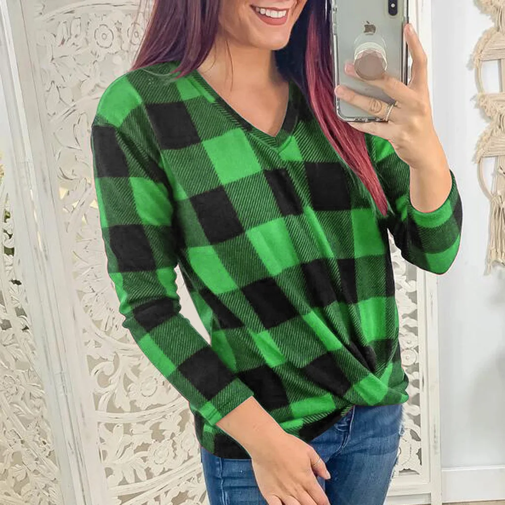 

V-Neck long sleeve Plaid kink T-shirt women's wear