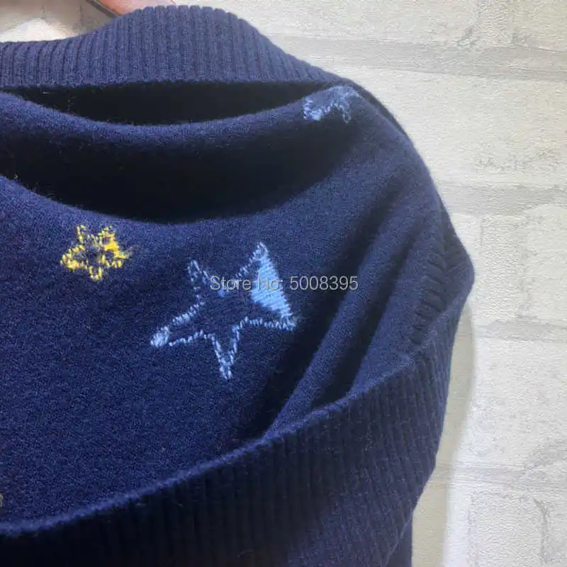 

2021 Woman Navy Stars Jacquard Oversized Cashmire Sweaters Drop Shoulder Long Sleeves Oversized Knitted Jumper