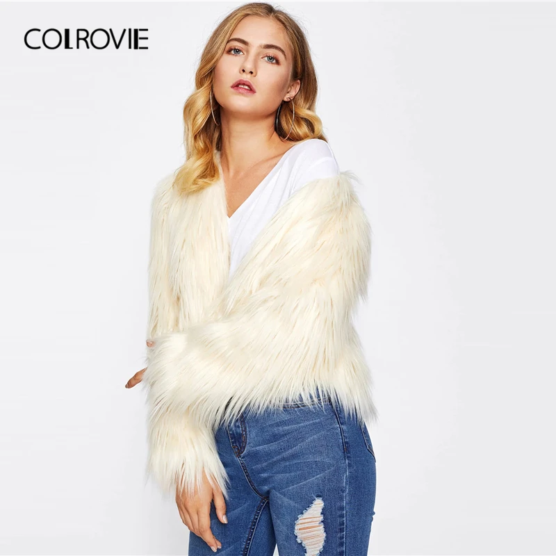 COLROVIE/однотонное пушистое пальто из искусственного меха для женщин; элегантные зимние бежевые Гламурные пальто и куртки; модная женская верхняя одежда