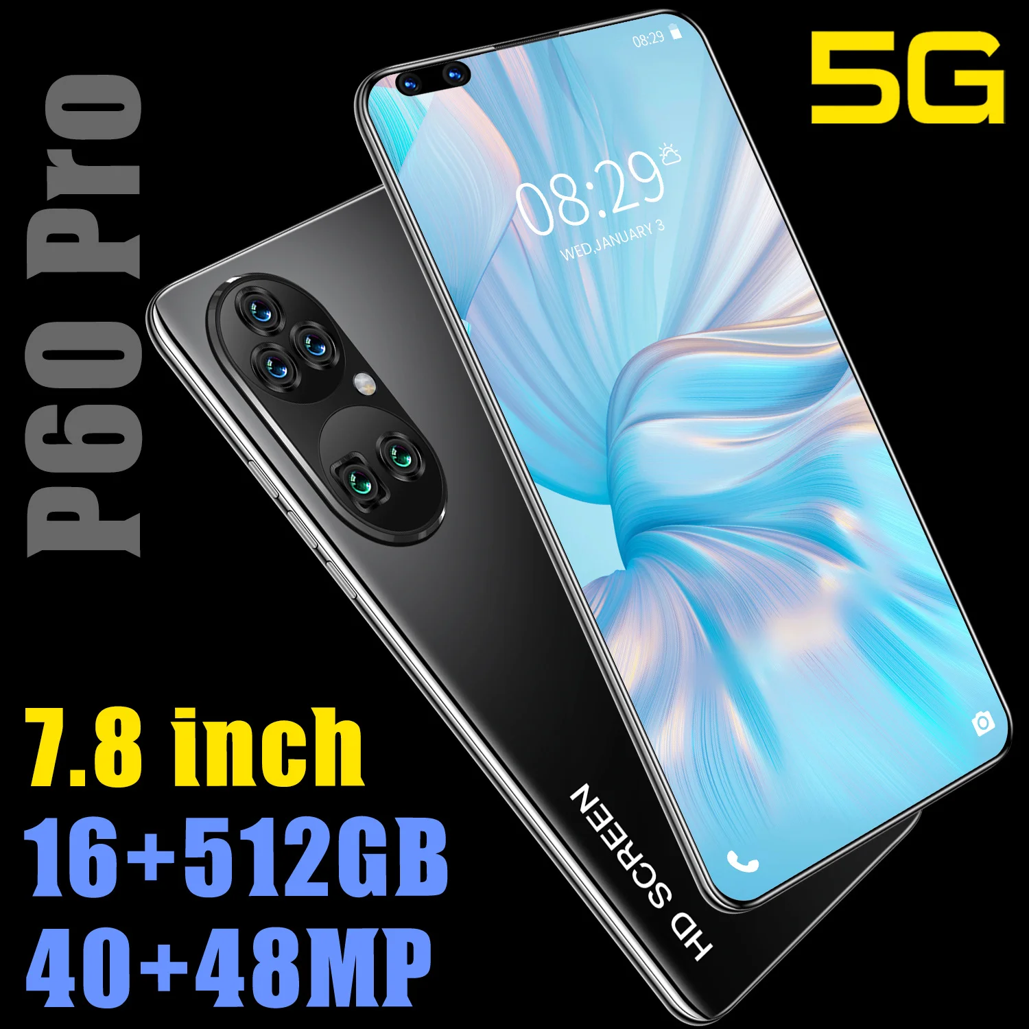 

Cellphone P60 Pro 7.8 inch 16GB+512GB Android11 Dual SIM 40MP+48MP 5600mAh MT6889 Face Unlocking Global Version Smartphone