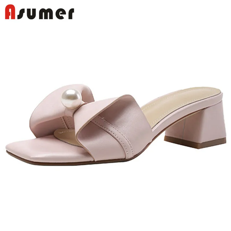 Женские босоножки без задника Asumer из натуральной кожи на высоком каблуке с