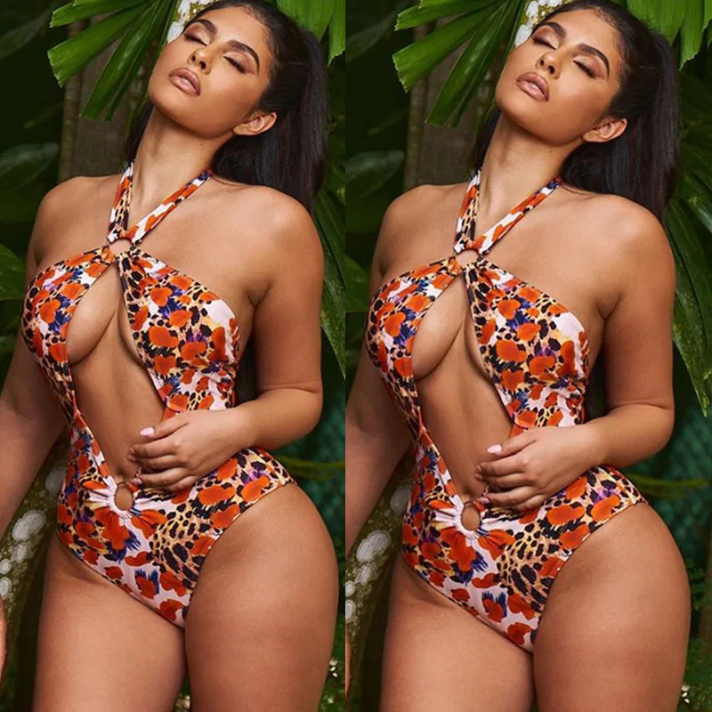 

2021 Summer New Sexy Halter Hollow Printed One-piece Swimsuit Female Halter Sleeveless Ladies Bikini set Swimwear Beachwear