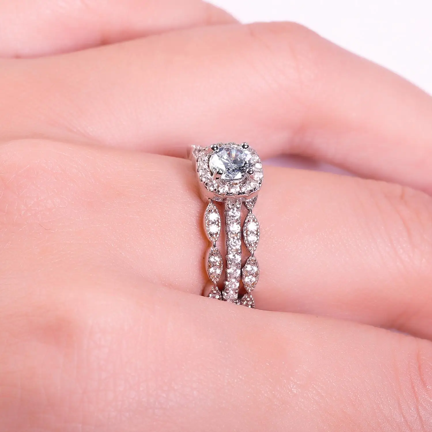 GEM'S BALLET 0.5Ct 5mm Art Deco Halo 925 Sterling Silver Moissanite Ring 3 Band Half Eternify Set Wedding Rings For Bridal Women |