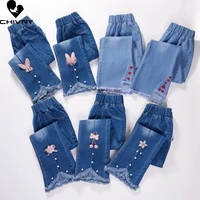 girls denim pants spring autumn 2022 new baby girl casual wide leg flared pants kids fashion bow flower jeans trousers