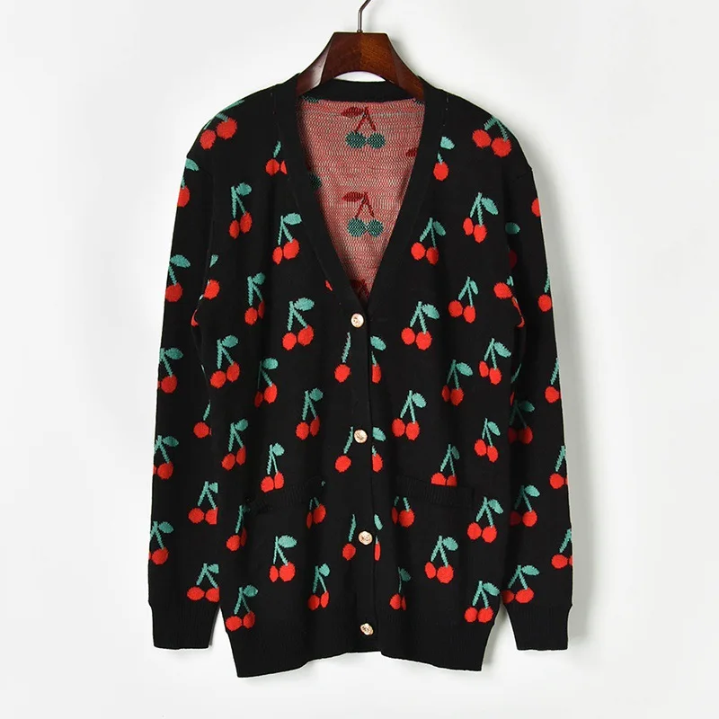 Женский вязаный кардиган с длинным рукавом длинный жаккардовый v-образным