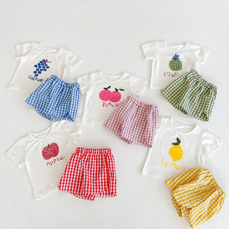

Fruits Cartoon Clothing Sets Baby Girl Boys Japanese Style Clothes T Shirts + Plaid Shorts 2021 Children Newborn Cute Bodysuit
