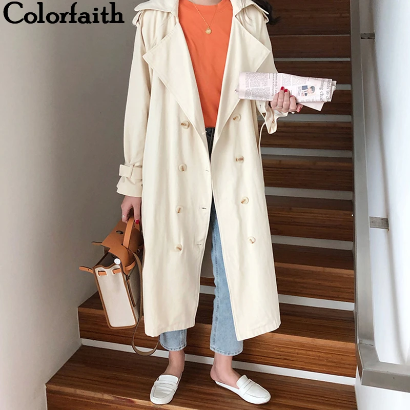 Colorfaith Новинка осень зима женский плащ свободного покроя с лентой на шнуровке двубортный модный офисный женский корейский стиль элегантный повседневный верхняя одежда, длинное пальто JK1070