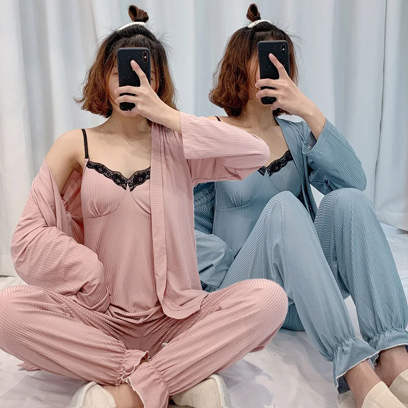 

3PCS Sexy Lace Silk Satin Pajama Sets Robes for Women Spring Summer Long Sleeve Sleepwear Outwear Homewear Pijama Mujer Clothes