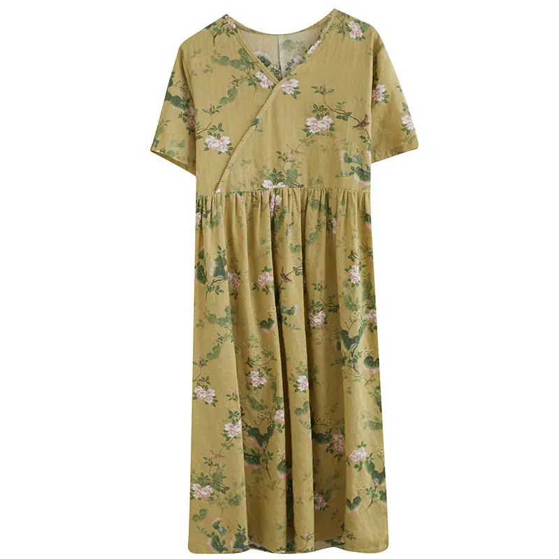 

Fashion 2021 New Summer Women Dress Vintage Print Cotton Dress Casual Loose Short Sleeve V-Neck Elegant Office Lady Dresses