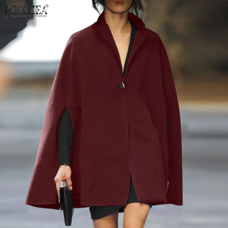 

2021 Fashion Women Solid Cape ZANZEA Elegant Button Office Jackets Oversized Coat Female Autumn Sleeveless Lapel Vintage Ponchos