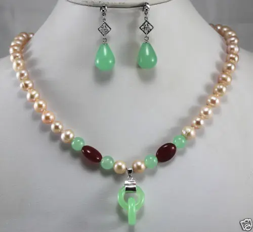 

New style Natural noble jewelry New 8mm Mixed Color Pearl/stone Necklace Earring Double Rings