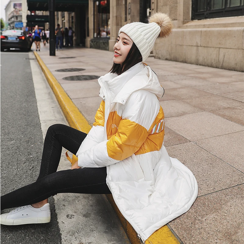 

Women New Winter Glossy parkas Female Fashion Letter Color Matching Casual Jacket Plus Size Hooded Warm Down Cotton Coat Outwear