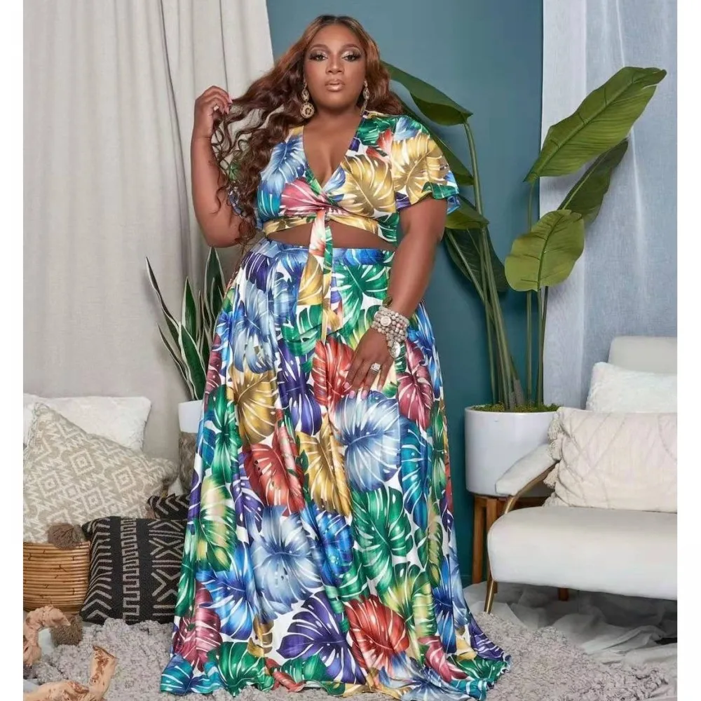 

African Long Skirt Suit Sexy Women Sets Printed V-Neck Short-Sleeved Top + Loose Long Skirt Set Woman 2 Pieces Summer 2021 New
