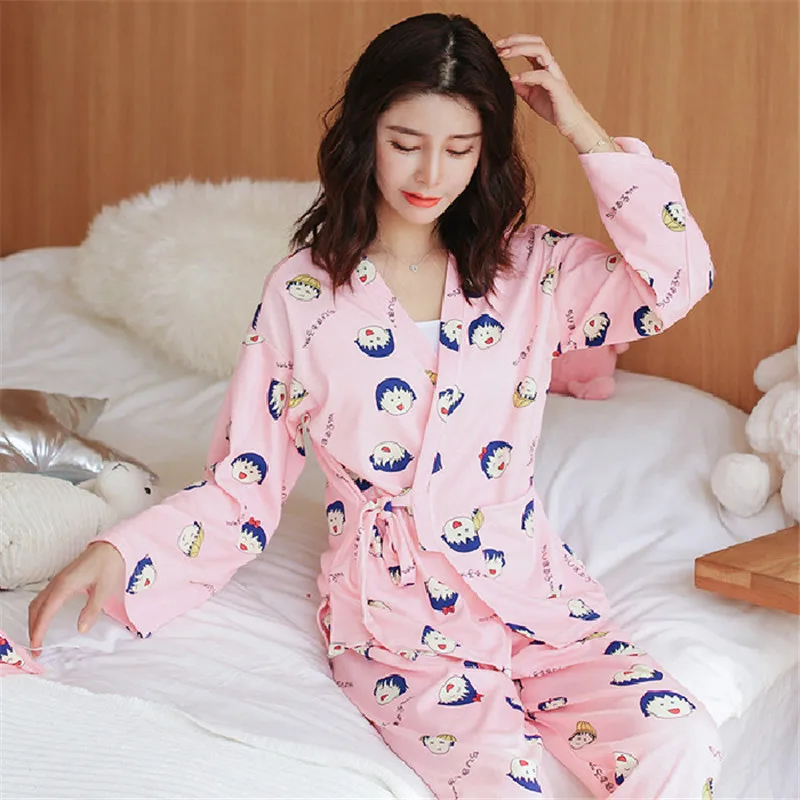 Женские пижамы с длинными рукавами в стиле кимоно женские мультяшным принтом